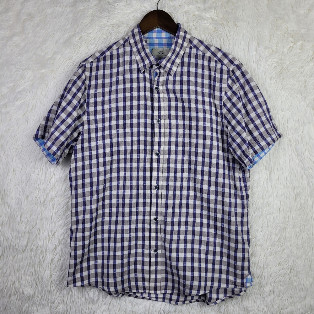 Report Collection Mens L Navy Check Linen Blend Button Down Shirt